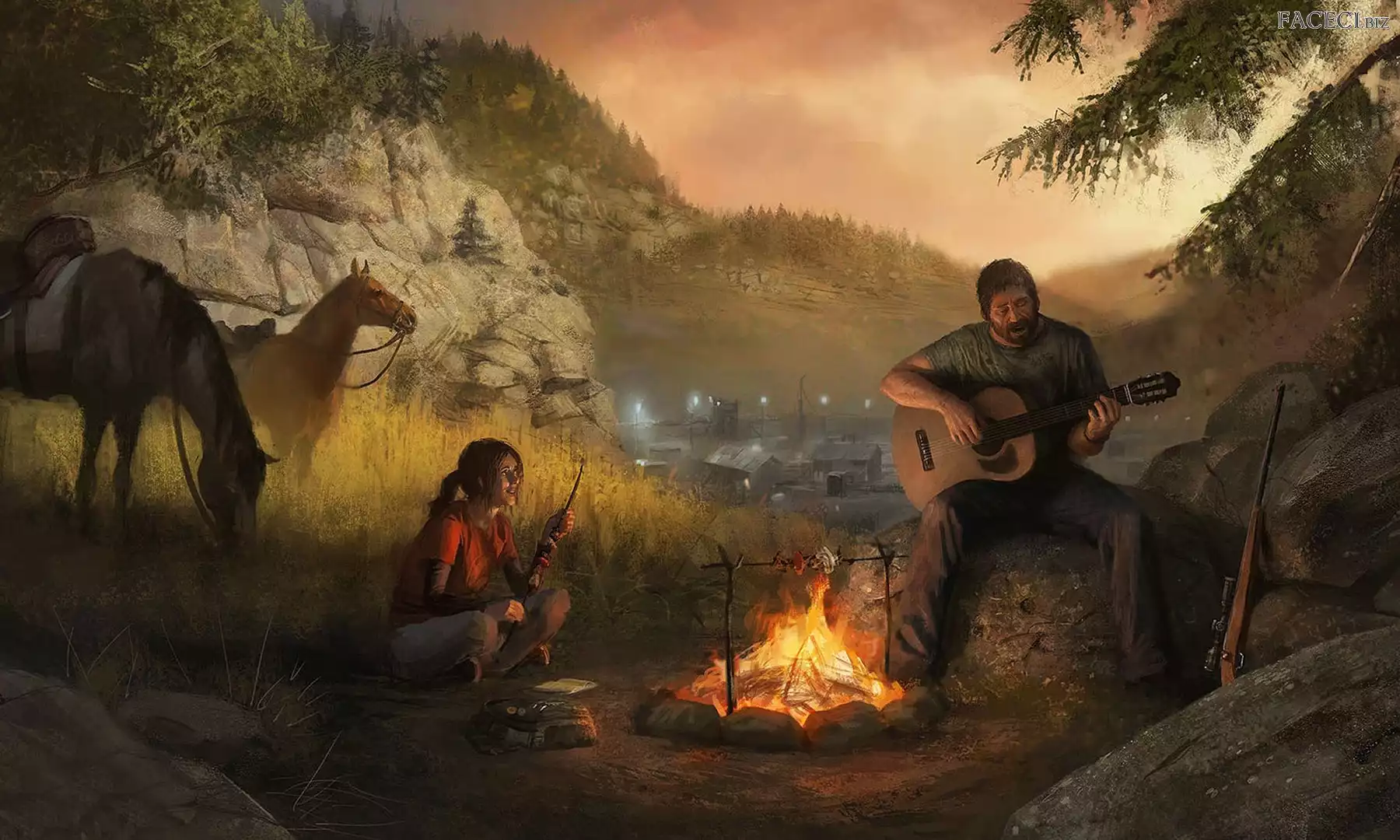 góry, dziewczynka, Malarstwo, Konie, Gitara, Ognisko, Obraz, Mężczyzna