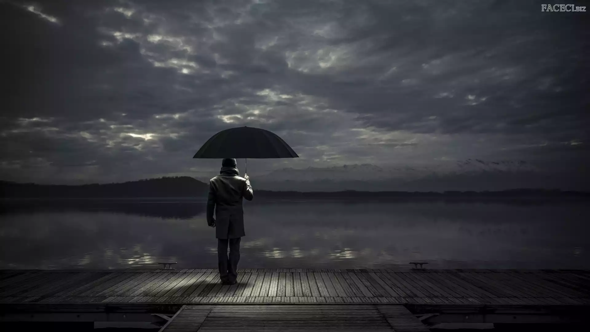 Parasol, Deszcz, Pomost, Jezioro, Mężczyzna
