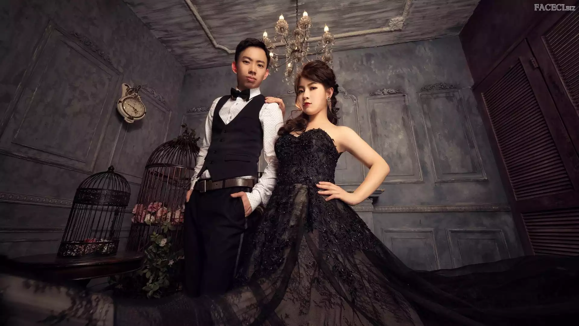 Suknia, Kobieta, Zegar, Klatki, Czarna, Mężczyzna